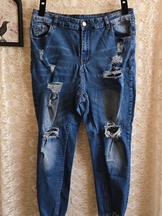 no brand Denim - Plus Size Distressed - Ripped Jeggings - Stretch Jeans - boho - festival - alt